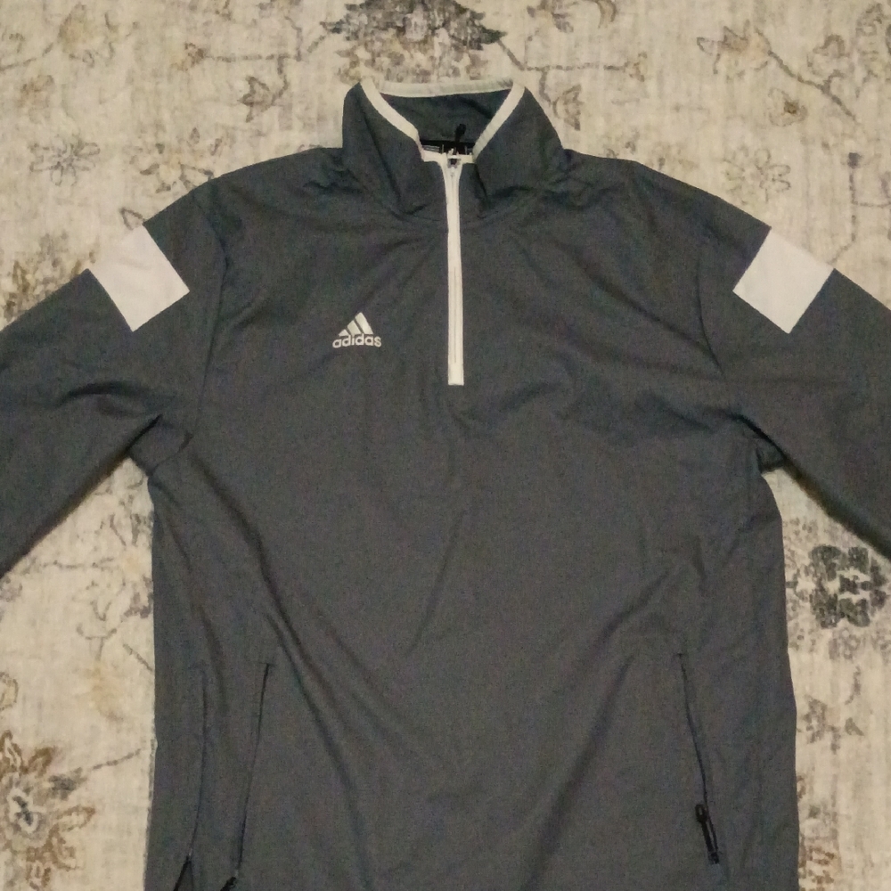 Adidas Men's Dark Gray Windbreaker with White Accents